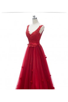 Lace, Satin, Tulle V-neck Floor Length Sleeveless A-line Dress with Bead, Handmade Flowers