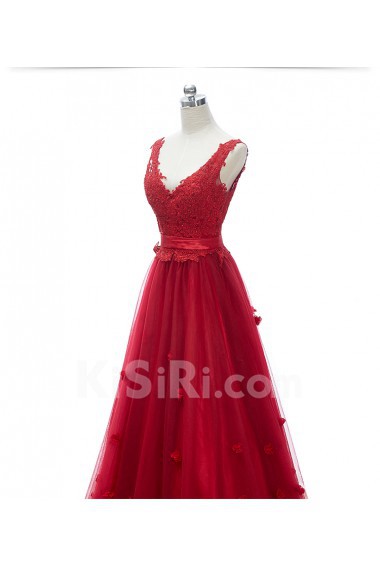 Lace, Satin, Tulle V-neck Floor Length Sleeveless A-line Dress with Bead, Handmade Flowers