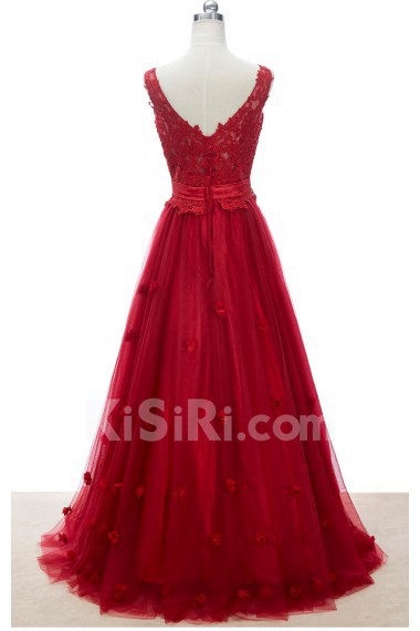 Lace, Satin, Tulle V-neck Floor Length Sleeveless A-line Dress with Bead, Handmade Flowers