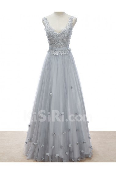 Lace, Satin, Tulle V-neck Floor Length Sleeveless A-line Dress with Bead, Handmade Flowers