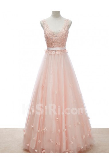 Lace, Satin, Tulle V-neck Floor Length Sleeveless A-line Dress with Bead, Handmade Flowers