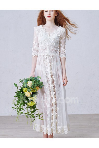 Lace V-neck Ankle-Length Half Sleeve A-line Dress with Handmade Flowers