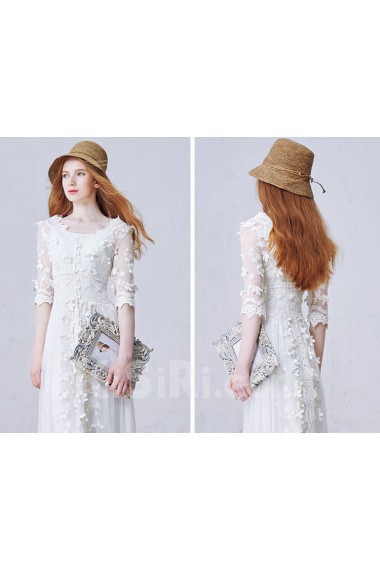 Lace V-neck Ankle-Length Half Sleeve A-line Dress with Handmade Flowers