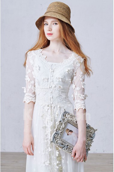 Lace V-neck Ankle-Length Half Sleeve A-line Dress with Handmade Flowers