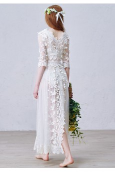 Lace V-neck Ankle-Length Half Sleeve A-line Dress with Handmade Flowers