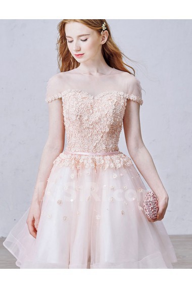 Lace, Tulle Jewel Knee-Length Cap Sleeve A-line Dress with Pearl, Rhinestone