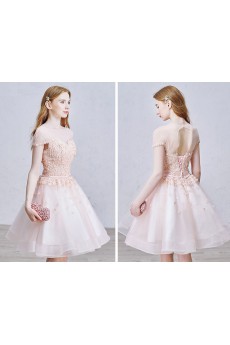 Lace, Tulle Jewel Knee-Length Cap Sleeve A-line Dress with Pearl, Rhinestone