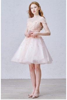 Lace, Tulle Jewel Knee-Length Cap Sleeve A-line Dress with Pearl, Rhinestone