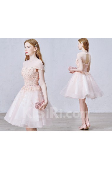 Lace, Tulle Jewel Knee-Length Cap Sleeve A-line Dress with Pearl, Rhinestone