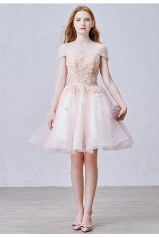 Lace, Tulle Jewel Knee-Length Cap Sleeve A-line Dress with Pearl, Rhinestone