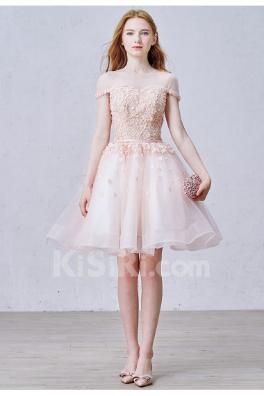 Lace, Tulle Jewel Knee-Length Cap Sleeve A-line Dress with Pearl, Rhinestone