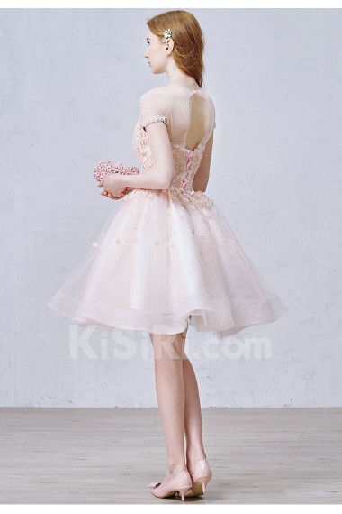 Lace, Tulle Jewel Knee-Length Cap Sleeve A-line Dress with Pearl, Rhinestone