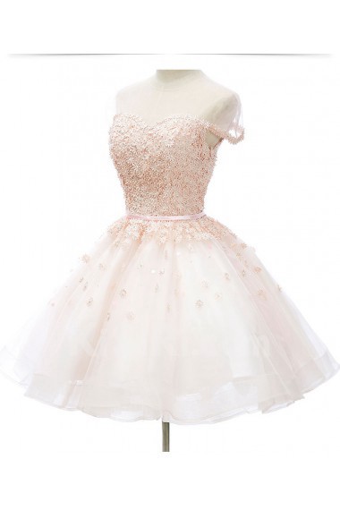 Lace, Tulle Jewel Knee-Length Cap Sleeve A-line Dress with Pearl, Rhinestone