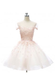 Lace, Tulle Jewel Knee-Length Cap Sleeve A-line Dress with Pearl, Rhinestone