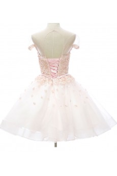 Lace, Tulle Jewel Knee-Length Cap Sleeve A-line Dress with Pearl, Rhinestone