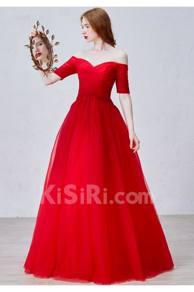 Tulle, Satin Off-the-Shoulder Floor Length Short Sleeve A-line Dress with Ruched