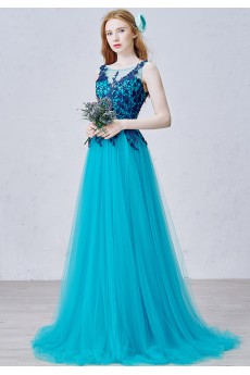 Lace, Satin, Tulle Scoop Sweep Train Sleeveless A-line Dress with Applique, Bow