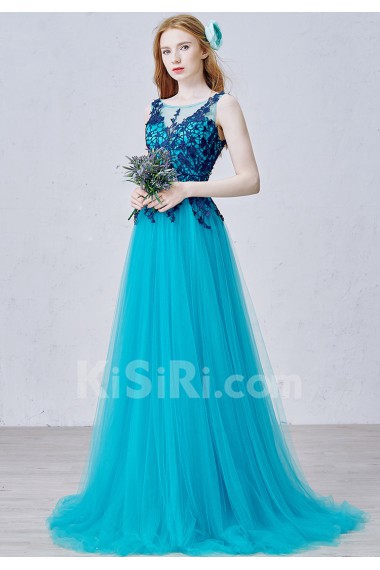 Lace, Satin, Tulle Scoop Sweep Train Sleeveless A-line Dress with Applique, Bow