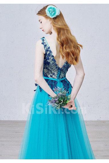 Lace, Satin, Tulle Scoop Sweep Train Sleeveless A-line Dress with Applique, Bow