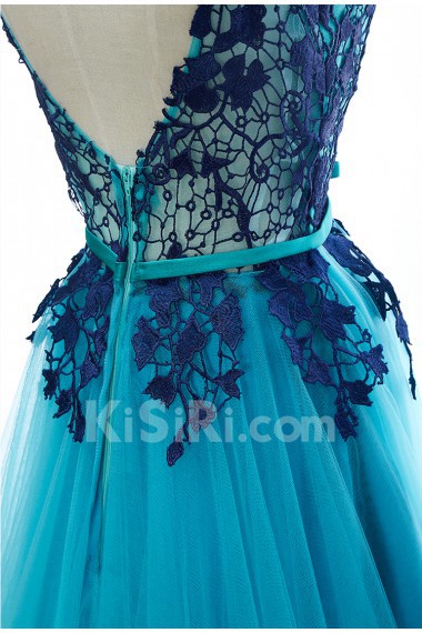 Lace, Satin, Tulle Scoop Sweep Train Sleeveless A-line Dress with Applique, Bow