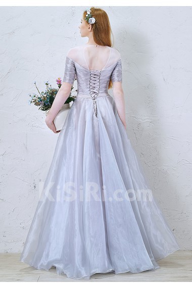 Tulle Jewel Floor Length Short Sleeve A-line Dress with Bow