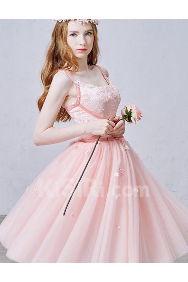 Lace, Satin, Tulle Square Knee-Length Sleeveless A-line Dress with Sash, Handmade Flowers