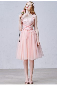 Lace, Satin, Tulle Square Knee-Length Sleeveless A-line Dress with Sash, Handmade Flowers