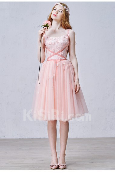 Lace, Satin, Tulle Square Knee-Length Sleeveless A-line Dress with Sash, Handmade Flowers