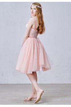 Lace, Satin, Tulle Square Knee-Length Sleeveless A-line Dress with Sash, Handmade Flowers