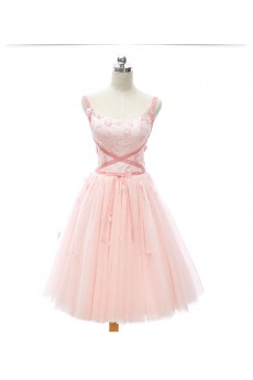 Lace, Satin, Tulle Square Knee-Length Sleeveless A-line Dress with Sash, Handmade Flowers