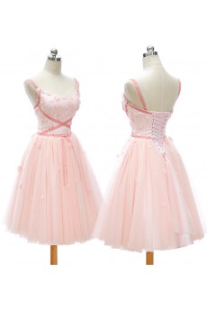 Lace, Satin, Tulle Square Knee-Length Sleeveless A-line Dress with Sash, Handmade Flowers