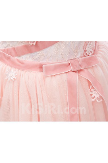 Lace, Satin, Tulle Square Knee-Length Sleeveless A-line Dress with Sash, Handmade Flowers