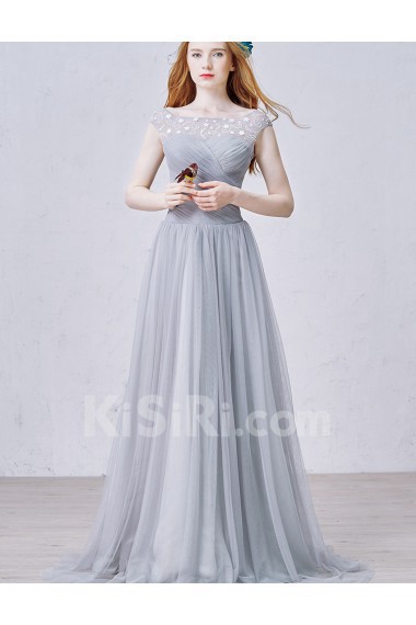 Lace, Tulle Scoop Floor Length Cap Sleeve A-line Dress with Beads