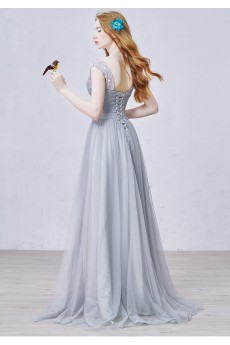 Lace, Tulle Scoop Floor Length Cap Sleeve A-line Dress with Beads