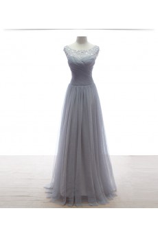 Lace, Tulle Scoop Floor Length Cap Sleeve A-line Dress with Beads