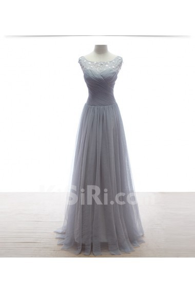 Lace, Tulle Scoop Floor Length Cap Sleeve A-line Dress with Beads