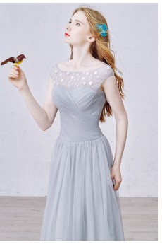 Lace, Tulle Scoop Floor Length Cap Sleeve A-line Dress with Beads