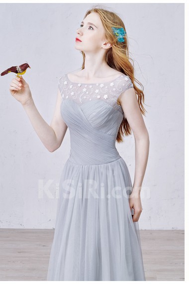 Lace, Tulle Scoop Floor Length Cap Sleeve A-line Dress with Beads