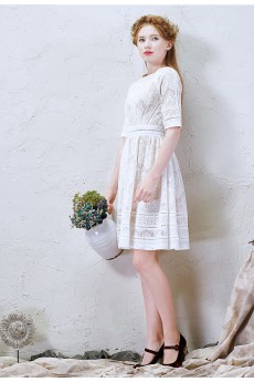 Lace Jewel Mini/Short Short Sleeve A-line Dress with Sash