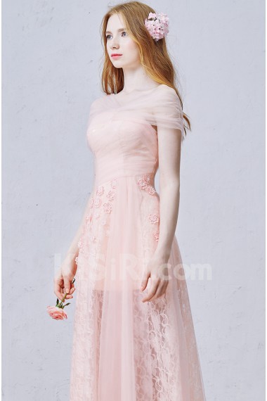 Lace, Satin, Tulle V-neck Floor Length Cap Sleeve Sheath Dress with Handmade Flowers