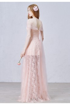 Lace, Satin, Tulle V-neck Floor Length Cap Sleeve Sheath Dress with Handmade Flowers