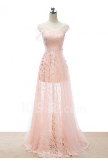 Lace, Satin, Tulle V-neck Floor Length Cap Sleeve Sheath Dress with Handmade Flowers