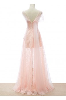 Lace, Satin, Tulle V-neck Floor Length Cap Sleeve Sheath Dress with Handmade Flowers