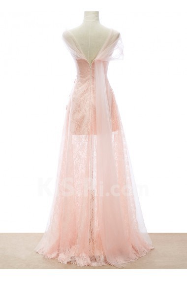 Lace, Satin, Tulle V-neck Floor Length Cap Sleeve Sheath Dress with Handmade Flowers