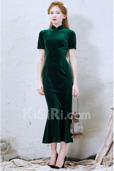 Velvet High Collar Ankle-Length Short Sleeve Mermaid Dress