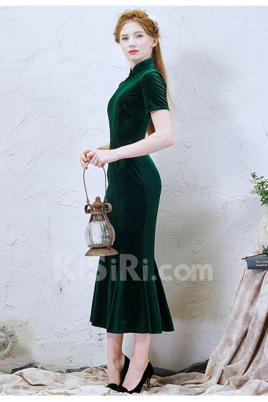 Velvet High Collar Ankle-Length Short Sleeve Mermaid Dress