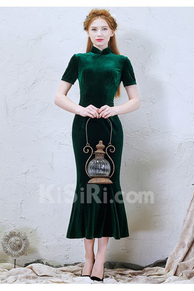 Velvet High Collar Ankle-Length Short Sleeve Mermaid Dress