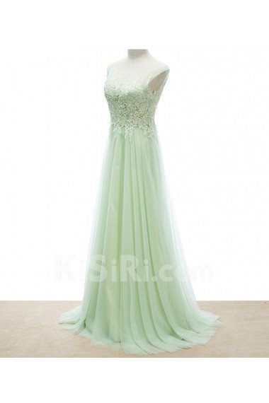 Tulle Scoop Floor Length Sleeveless A-line Dress with Beads