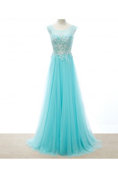 Tulle Scoop Floor Length Sleeveless A-line Dress with Beads