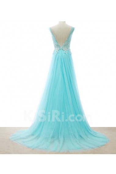 Tulle Scoop Floor Length Sleeveless A-line Dress with Beads